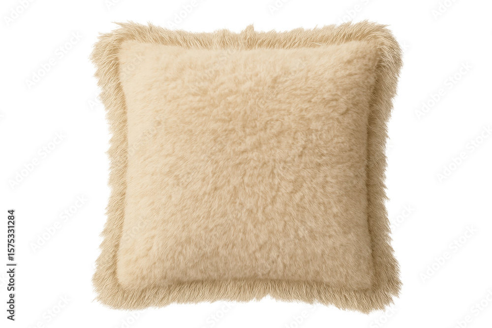 Poster square furry beige cushion with fringes on transparent background, perfect for adding a touch of com