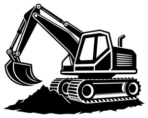 A bold graphic illustration of a heavy-duty excavator in a dynamic pose