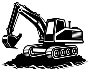 A bold graphic illustration of a heavy-duty excavator in a dynamic pose