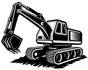 A bold graphic illustration of a heavy-duty excavator in a dynamic pose