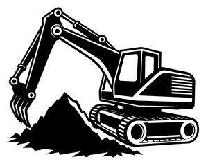 A bold graphic illustration of a heavy-duty excavator in a dynamic pose