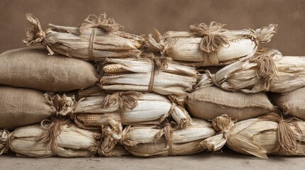 Stacked Burlap Bags Filled with Dried Corn for Rustic Background