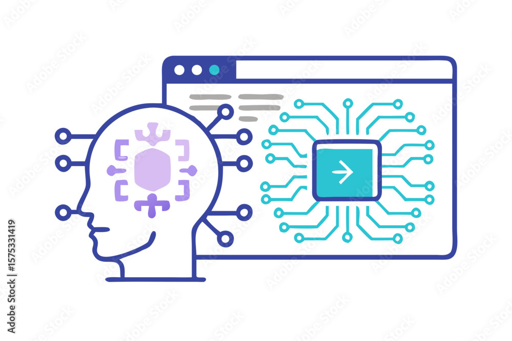 Poster Artificial intelligence concept with a human head and a computer chip on a screen symbolizing data processing and learning