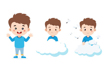 Happy cheerful boy transitions from dark storm cloud to bright fluffy cloud with birds flying