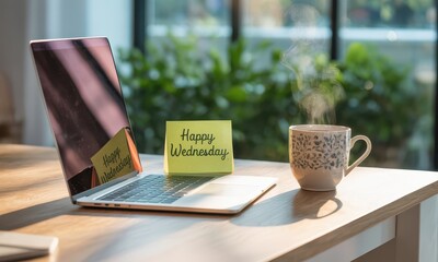 Laptop coffee mug and happy wednesday note on wooden table