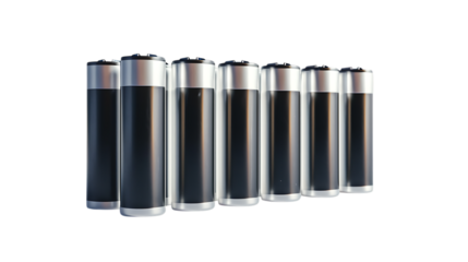 A row of black and silver batteries isolated on transparent background