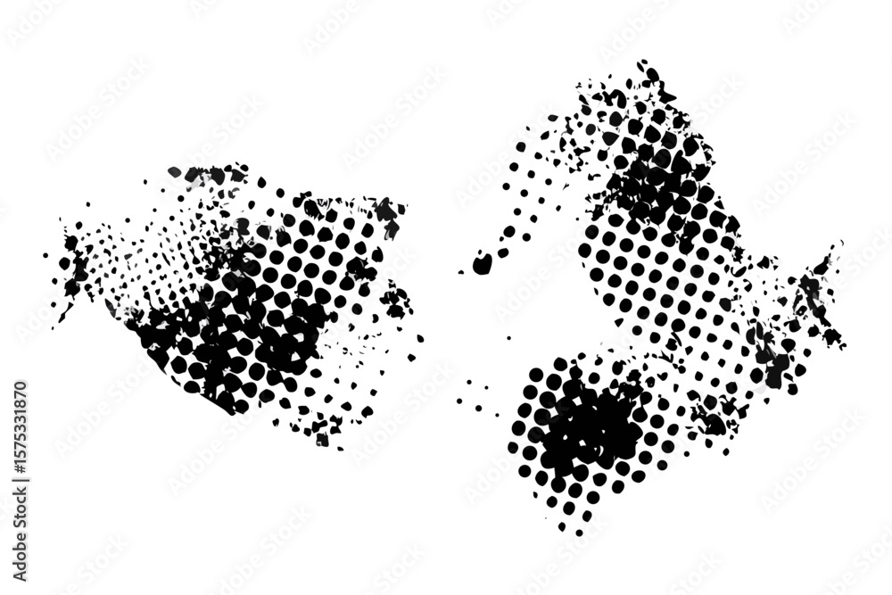 Poster abstract textured pattern of scattered organic shapes and dots in black and white with a dark backgr