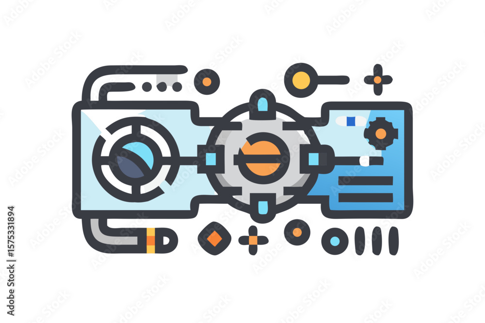 Fototapete stylized flat design icon of a futuristic computer graphics card with cooling fan and intricate circ