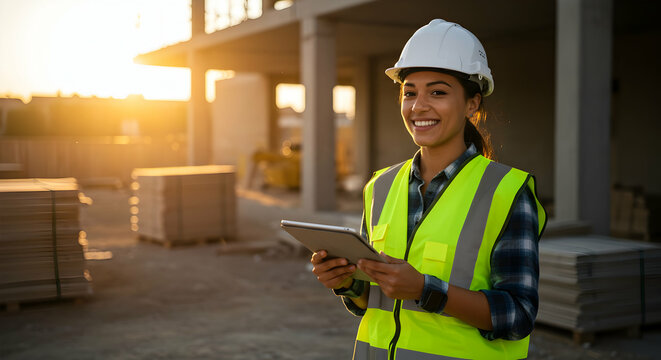Smiling female construction worker using tablet on site sunset building industry