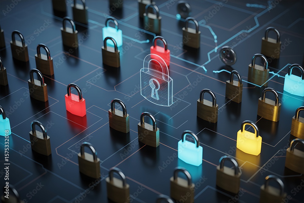 Poster glowing digital security locks on circuit board technology data