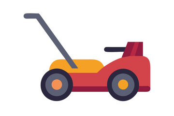 Fototapeta premium A simple flat design illustration of a red and yellow lawnmower with gray handle and wheels on a black background