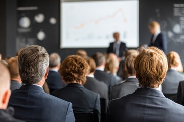Business conference with audience focused on presentation of financial graphs and data analysis