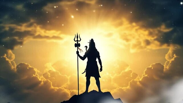 A divine silhouette of Lord Shiva holding ornate trident on mountain peak under radiant celestial light