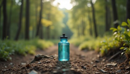 A refreshing blue water bottle rests on a trail in a lush, green forest path, bathed in sunlight.