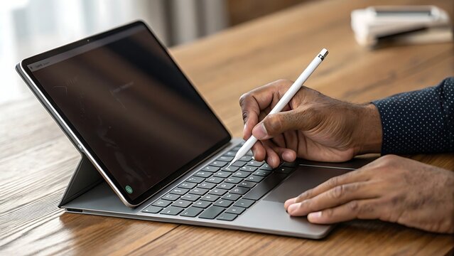 Hands using digital pen on modern tablet device for creativity and productivity, wooden desk environment.