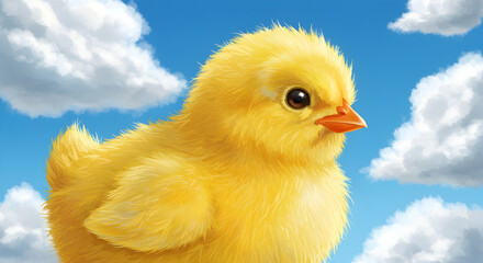 Adorable Fluffy Yellow Chick Under Blue Sky Cute Baby Bird Spring Easter Farm Animal