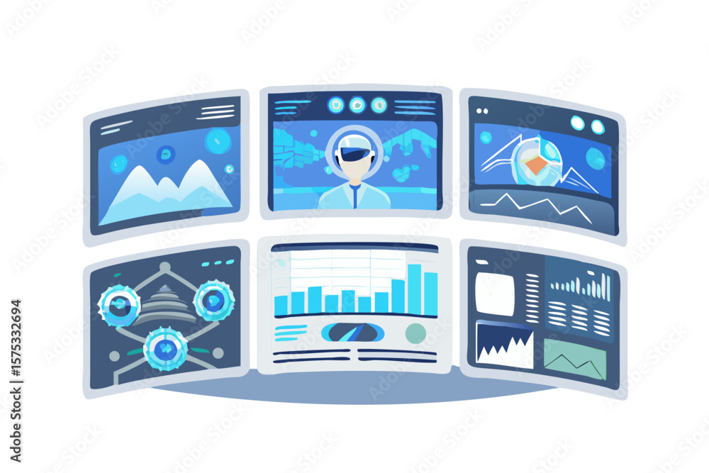 Poster futuristic digital dashboard with multiple screens displaying data analytics charts graphs and a per