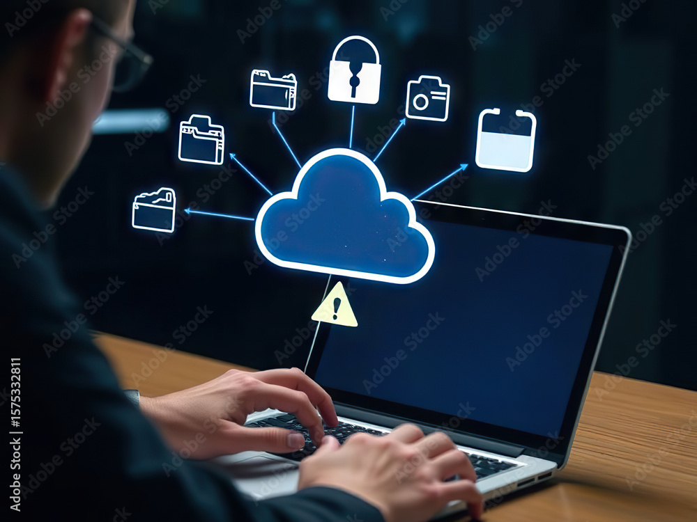 Poster person working on laptop with glowing cloud computing interface, showcasing data security and warnin