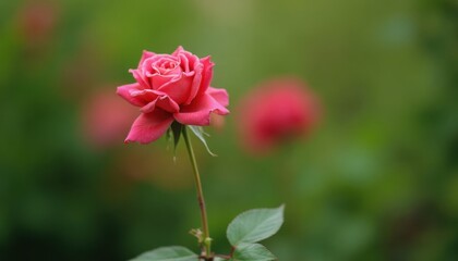 A vibrant pink rose stands tall, unfurling its delicate petals against a soft, verdant backdrop.