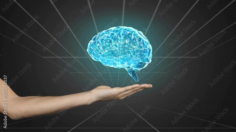Poster arm sliding after grid pause glowing orb morphing into rotating hologram brain showing brainwaves