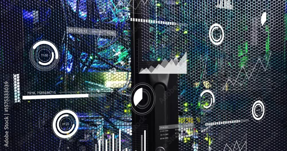 Poster on load data gauges and graphs animating over rack door, monitoring real time network metrics
