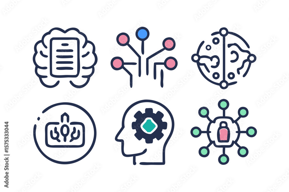 Poster set of six modern flat design icons representing artificial intelligence machine learning data and t