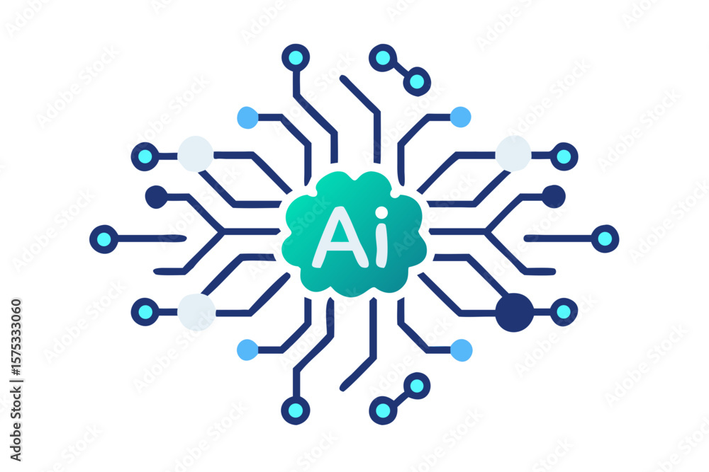 Poster Digital artificial intelligence brain symbol with interconnected circuits and nodes on a black background