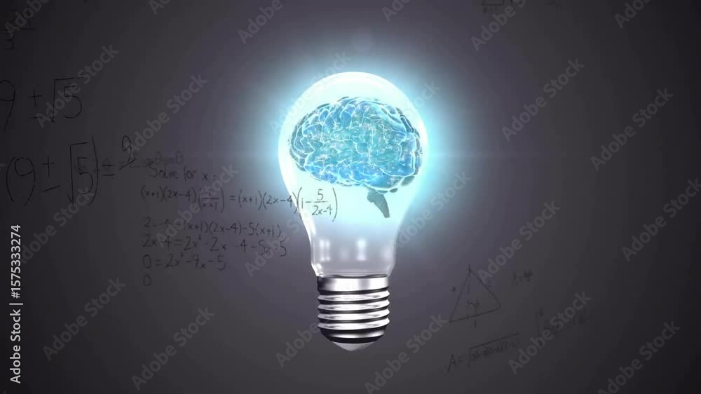 Poster lighting glowing bulb triggers 3d brain pulsing, formulas, diagrams appearing showing math concepts