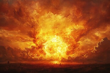 Nuclear explosion illuminates dramatic fiery sky over desolate landscape during twilight, Nuclear Explosion in Dramatic Fiery Sky