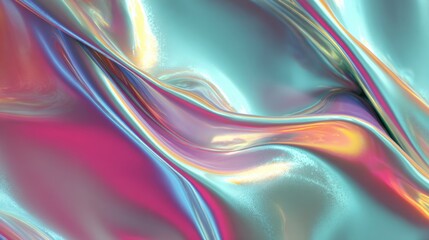 Abstract iridescent liquid metal flowing waves with shimmering particles and vibrant color gradients