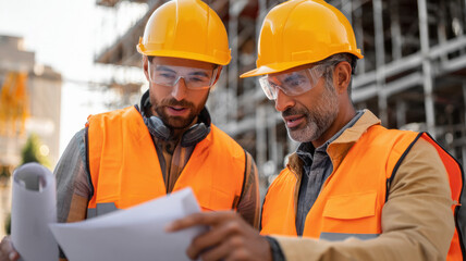 indian construction workers watching blueprint