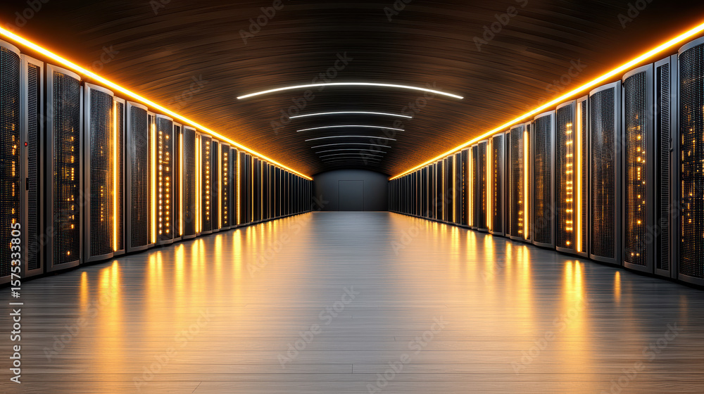Poster modern data center corridor with illuminated server racks creates futuristic atmosphere