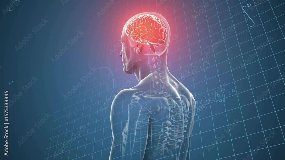 Poster transparent torso appearing triggers camera circling glowing brain with math visualizing thinking