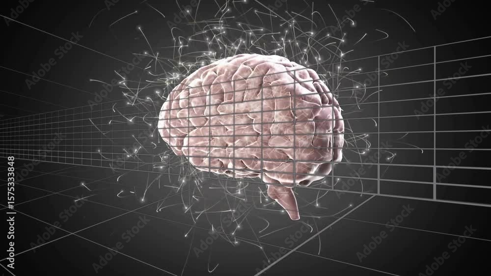 Aufkleber on sequence start 3d brain rotating and emitting particles visualizing data streams across grid