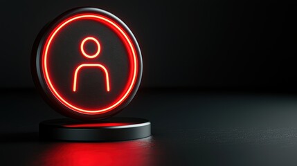 A glowing red neon icon of a person stands on a circular black base against a dark background, symbolizing user or profile identity, AI HR office activities