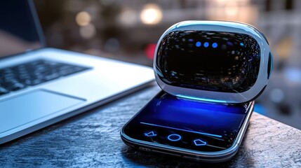 A futuristic foldable smartphone with a holographic or digital screen is displayed on a textured surface next to a laptop, showcasing modern technology and innovation, AI HR office activities
