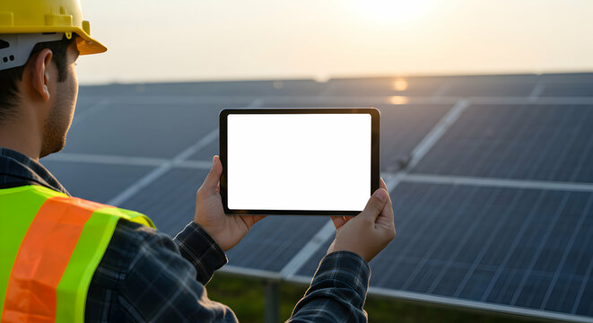 Solar Panel Technician Inspecting Renewable Energy Farm Using Tablet Device - Powered by Adobe