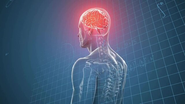 Transparent torso appearing triggers camera circling glowing brain with math visualizing thinking - Powered by Adobe