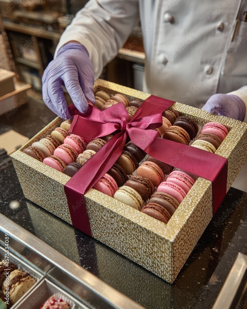 Poster chef presenting a beautifully arranged box of macarons with a ribbon in a bakery setting