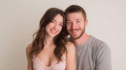 Fototapeta premium Happy couple embracing and smiling in a relaxed indoor setting, representing love, marriage, and modern relationship lifestyle themes.