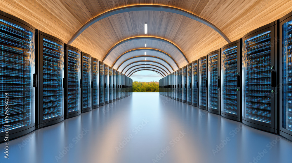 Poster high tech server room with rows of server arrays, sleek design, and natural light