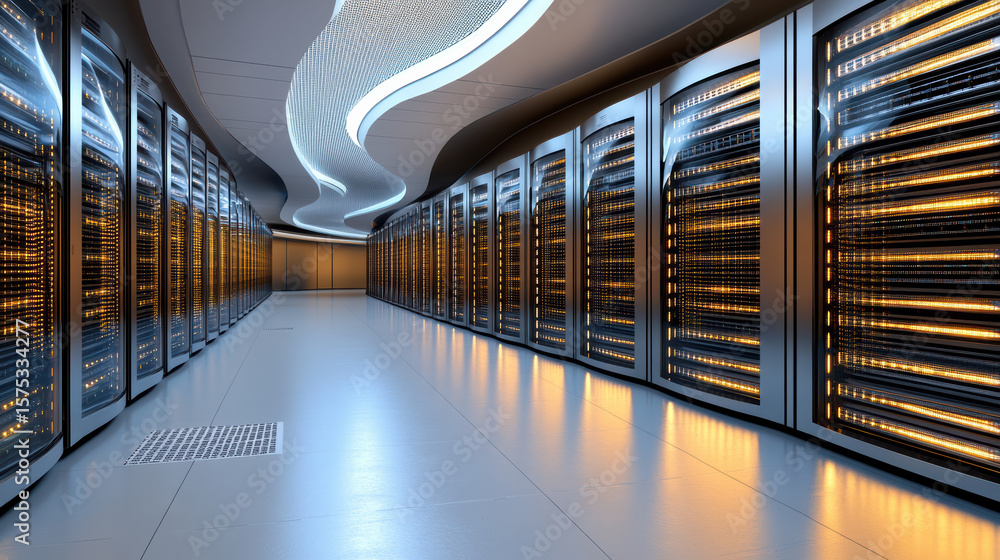 Poster high tech server room with illuminated server racks and sleek design