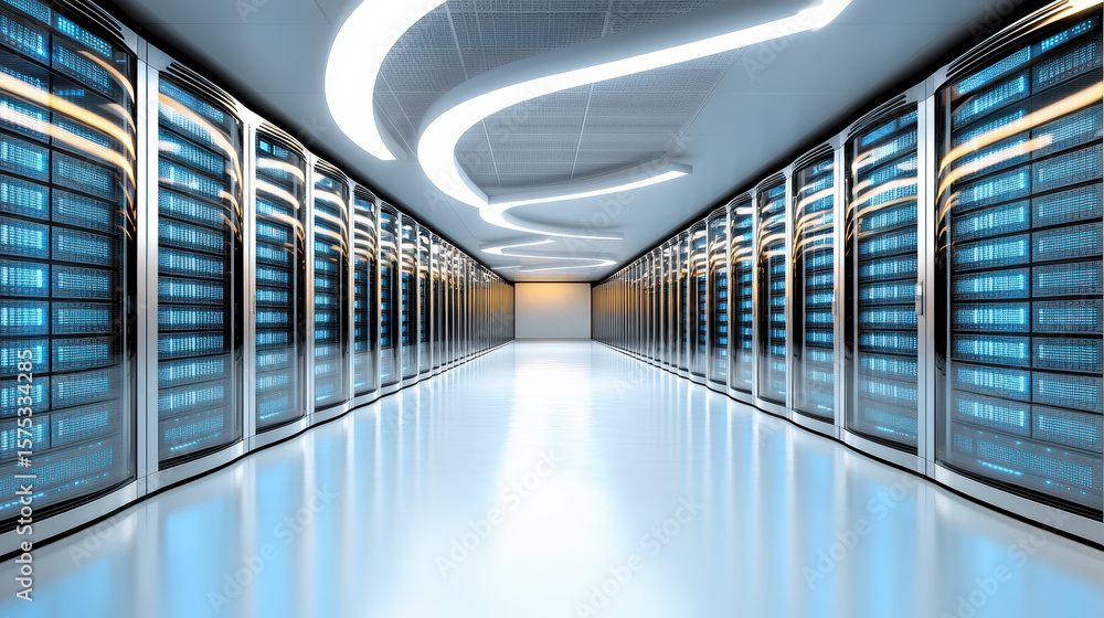 Poster high tech server room with illuminated racks and sleek design, showcasing advanced technology