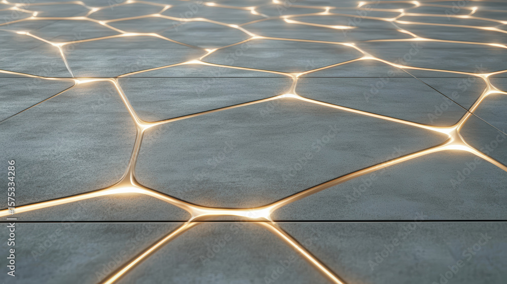 Poster illuminated geometric floor design with glowing lines and textured surface creates modern