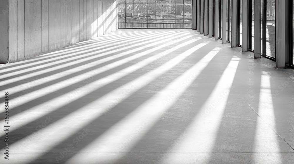 Poster bright interior space with angular shadows cast by large windows, creating serene atmosphere
