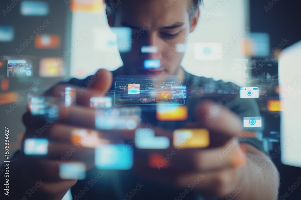 Poster closeup of man using smartphone with fingers while engaging with digital content in a modern environ