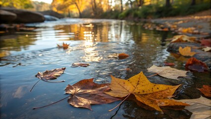 "A tranquil composition of scattered fall leaves resting on smooth river stones in a shallow creek. The water flows gently around them, creating small ripples. Warm afternoon light enhances the rich c