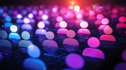 Abstract digital illustration of glowing, colorful human icons representing a connected network or community in a futuristic setting, AI HR office activities