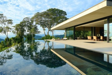 Modern home featuring an infinity pool that reflects the sky in a serene landscape, Modern home with infinity pool reflecting the sky and trees