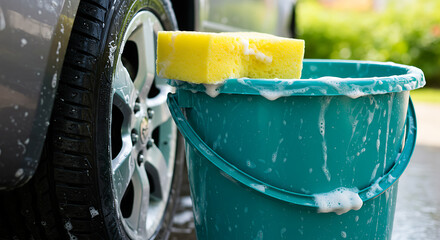 Close-up of a turquoise bucket with soapy water and a yellow sponge, next to a car tire.